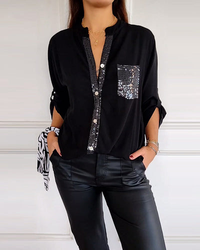 Top casual con pannelli con bottoni in paillettes